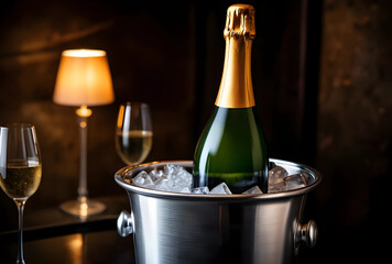 Fototapeta premium Celebration and luxury concept, champagne bottle in ice bucket with two glasses and warm lamp light in a dark setting
