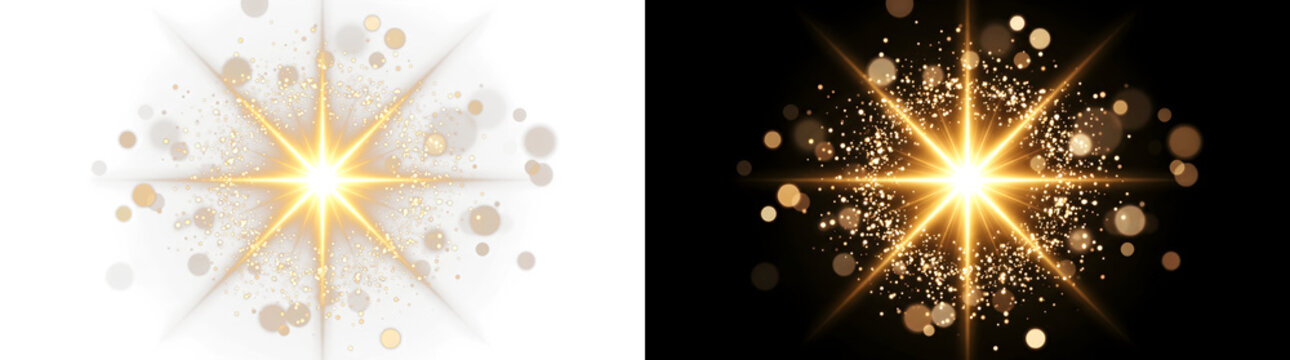 Radiant golden starburst effect featuring sparkling light particles with shimmering bokeh elements displayed in a vibrant style on transparent background