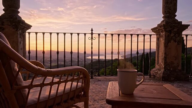 Morning coffee on rustic wooden balcony with panoramic mountain sunrise view