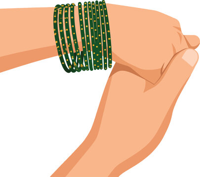 Vector illustration of hands holding green glass bangles with gold glitter accents isolated on white background