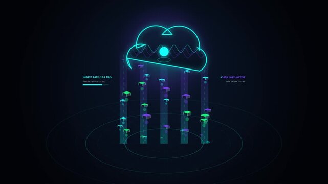 Cloud Data Lake Ingestion and Digital Information Stream HUD Animation
