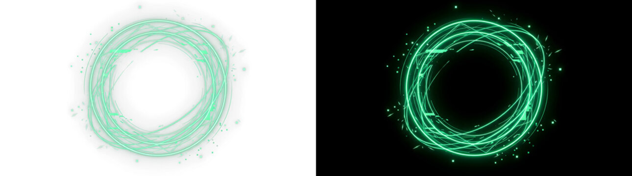 Glowing emerald green neon ring featuring dynamic light particles and digital tech circular patterns displayed for design on transparent background
