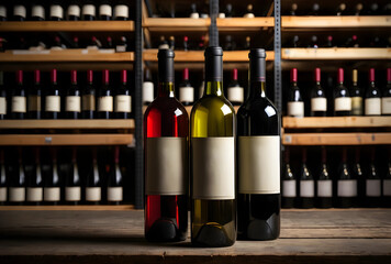 Naklejka premium Wine tasting and selection three bottles of red white and ros wine with blank labels in a cellar or store