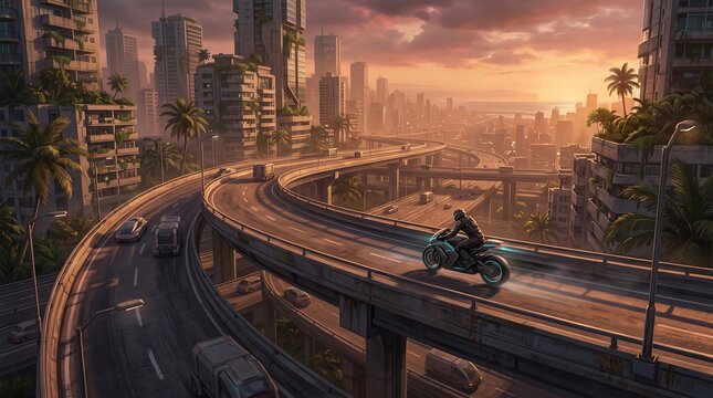 Futuristic Tropical Megacity Highway Rider at Sunset