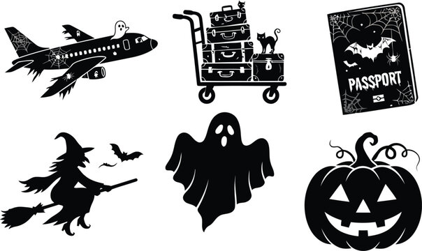 Spooky Halloween Travel and Flight Black Silhouette Vector Bundle