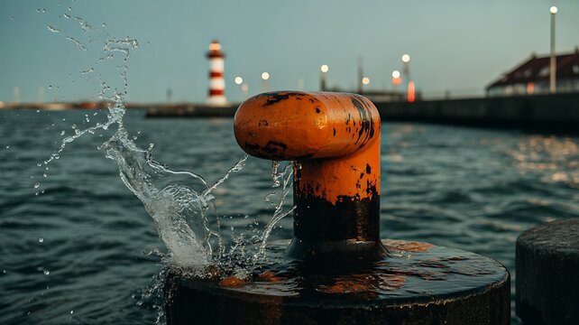 Orange metal mooring bollard splashed by seawater at harbor with lighthouse in background