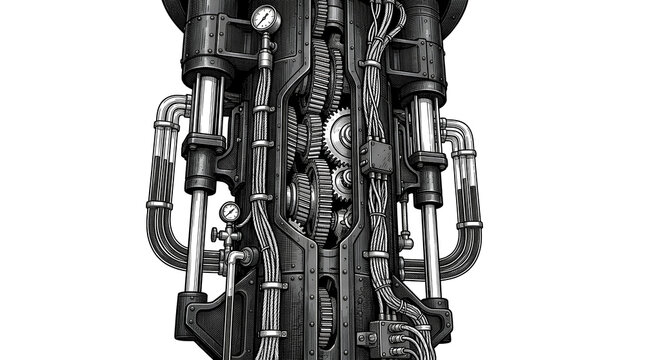 Sci-fi mechanical engine core with complex pipes and industrial machinery components