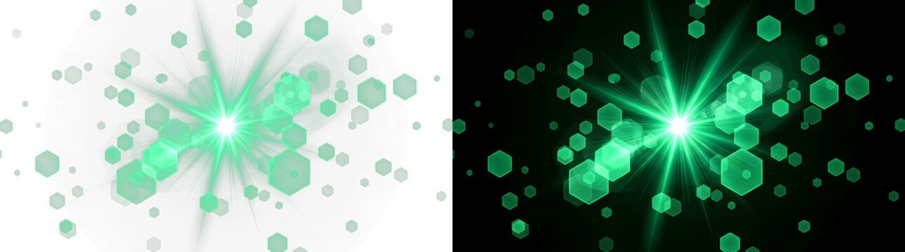 Radiant emerald green light burst featuring hexagonal geometric bokeh particles and glowing lens flares radiating energy on transparent background