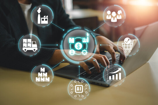Visual representation of AI technology in supply and demand forecasting with digital data analytics and futuristic interface.
