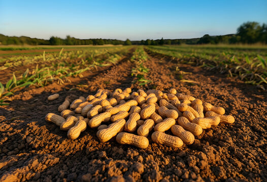 Peanut harvest and agriculture industry, fresh raw peanuts on farm field soil at sunset, food production and farming