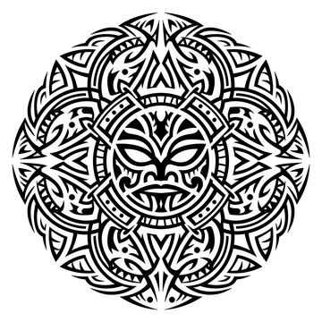Maori Polynesian Tribal Mask Mandala Graphic Illustration on Transparent Background Isolated on White