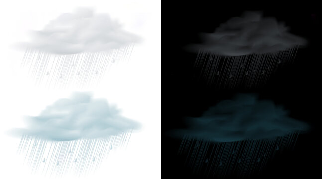 Realistic rain cloud set with falling water drops. Stormy weather clouds on white and black backgrounds. Meteorological atmosphere design elements.