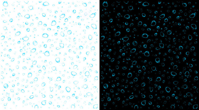 Realistic water drops on glass surface, blue liquid droplets on white and black background, fresh condensation texture for beverage branding