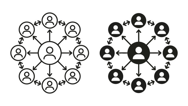 Centralized network communication and social connections icon set with business