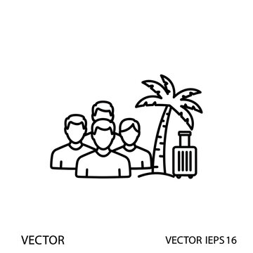 Group Travel Icon: People, Palm Tree, and Suitcase on Transparent Background