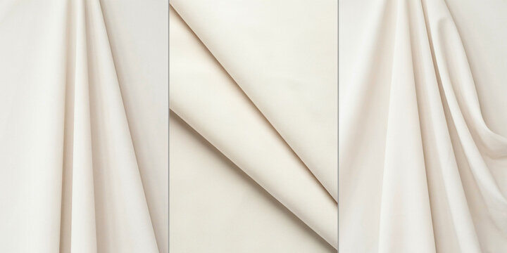 Three vertical panels of cream colored fabric with soft folds and drapery textures