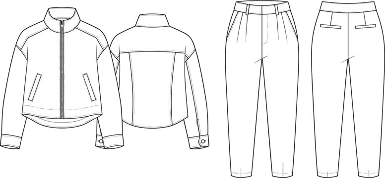 Women zip jacket and pleated trousers set technical fashion flat sketch front and back view