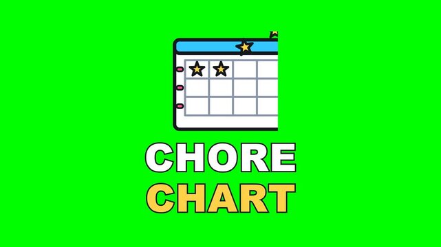 4K green screen CHORE CHART animated text - gold stars dropping into the grid one cell at a time, kinetic typography kids and family overlay for parenting vlogs and social media, chroma key