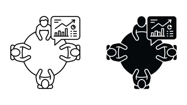 Business team meeting around round table icon set with business, strategy