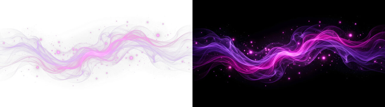 Vibrant purple glowing smoke wave with sparkling glitter particles creating a dynamic ethereal energy flow effect isolated on transparent background