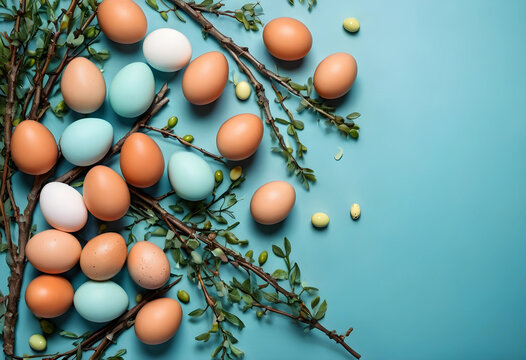 Easter holiday celebration with natural eggs and spring branches on a blue background, seasonal decor and tradition