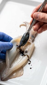 Hands removing fresh squid ink sac with metal tweezers during seafood preparation process