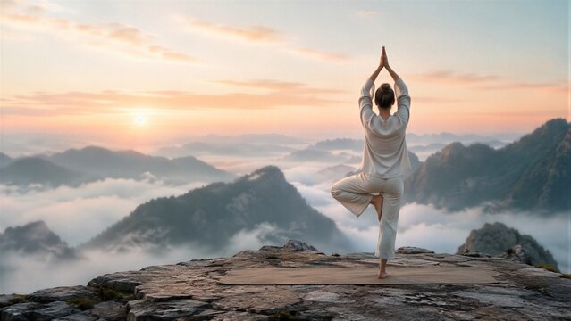 Woman practicing tree pose on mountain peak at sunset. Girl doing yoga exercise for meditation and wellness. Zen lifestyle, balance, harmony and calm nature retreat for health.