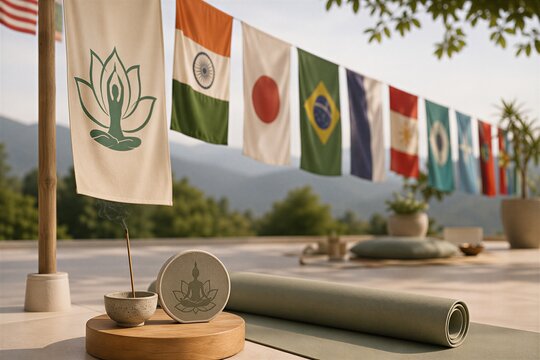 Yoga mat and incense stick with lotus symbol on wooden stand against backdrop of various international flags. Meditation area for spiritual wellness, relaxation and yoga practice.