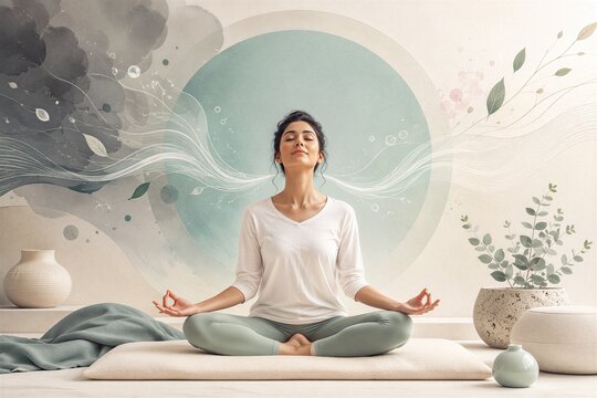 Woman meditating in lotus position in tranquil zen studio. Young lady practicing yoga for mindfulness and stress relief.