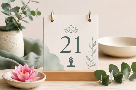 Desktop calendar with number 21 and yoga symbol on page. Mindfulness, meditation and wellness concept with pink lotus flower and eucalyptus plant for zen lifestyle and health.