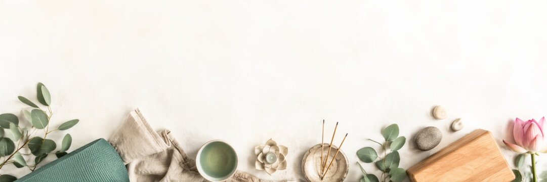 Wellness items including yoga mat, lotus flower, eucalyptus branch, tea cup, incense and stone on white background. Spa relaxation and meditation concept with copy space for text.