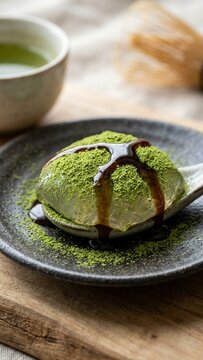 Japanese mizu shingen mochi dessert with matcha powder and syrup on rustic wooden table