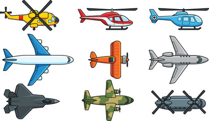 Aviation Aircraft Vector Set Featuring Commercial Airplanes, Military Fighter Jets, Helicopters, Biplanes, and Transport Cargo Choppers for Travel Designs © MstAkhlima