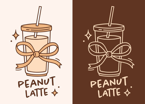Peanut butter latte logo label iced coffee cup drawing for salted syrup cream flavor cold foam drink poster print. Girly cafe style beige bow aesthetic printable line art sticker packaging design.