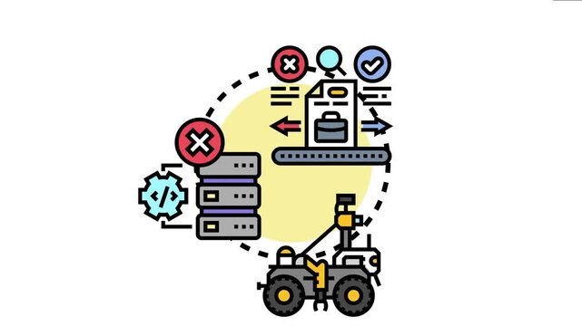 Automated software testing showing a robotic arm deploying code to servers, evaluating software performance, and managing debugging processes for quality assurance