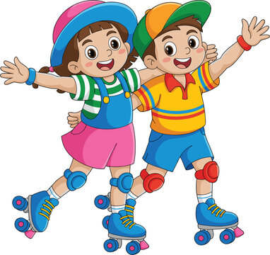 Cute kids roller skating cartoon vector illustration, children wearing helmets and pads isolated on white background