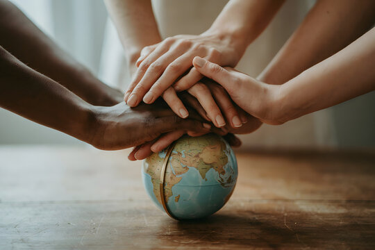 Hands of diverse people stacked together on a small globe on a wooden table, symbolizing international unity, peace, cooperation, and global