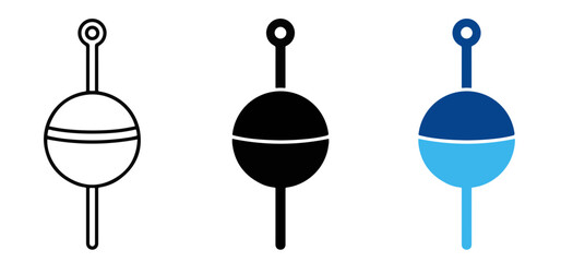 Three unique fishing float icons showing outline silhouette and flat blue vector graphic design style elements © Vector Pulse