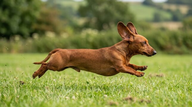 Energetic Brown Dachshund Running Fast Across a Green Grassy Field with Ears Flapping in Mid-Air Action Shot