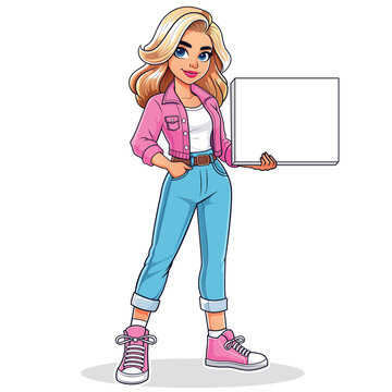Cartoon Blonde Woman Holding Blank Product Box for Presentation Vector Illustration