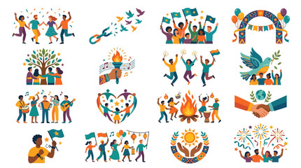 Naklejka premium Set of Flat Vector Illustrations Depicting Global Community Celebration Freedom Unity and Peaceful Social Harmony Events