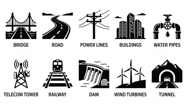 Minimalist Infrastructure Icons Set &ndash; Bridge, Road, Buildings, Railway, Dam and Utilities