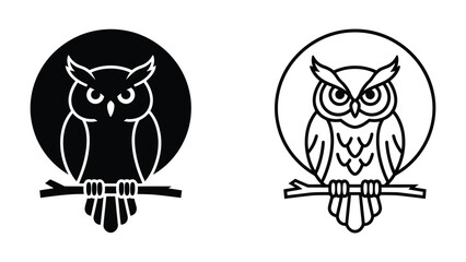 Obraz premium Owl Icon Set: A graphic representation of an owl perched on a branch, presented in both silhouette and line art styles, symbolizing wisdom and knowledge.