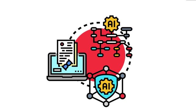 Automated system showing data validation and security compliance processes, with artificial intelligence managing digital document processing and secure network connections