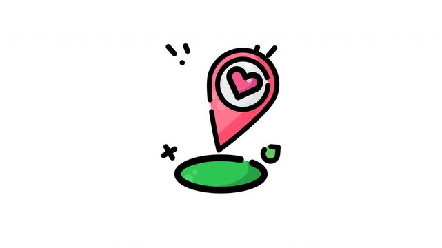 Animated pink location pin with heart at center. Surrounded by playful lines and icons. Green base anchors it to ground. Suggests favorite or cherished spot. Perfect for travel, love, or discovery the