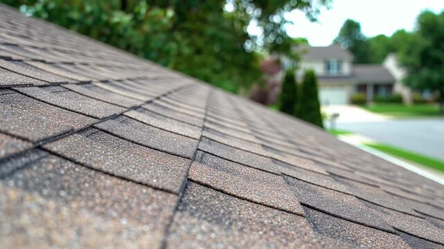 Sloped asphalt shingle roof exterior surface texture close up view