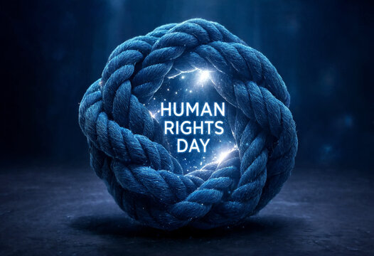 Bright glowing human rights day text inside a braided rope circle symbolizing unity and hope