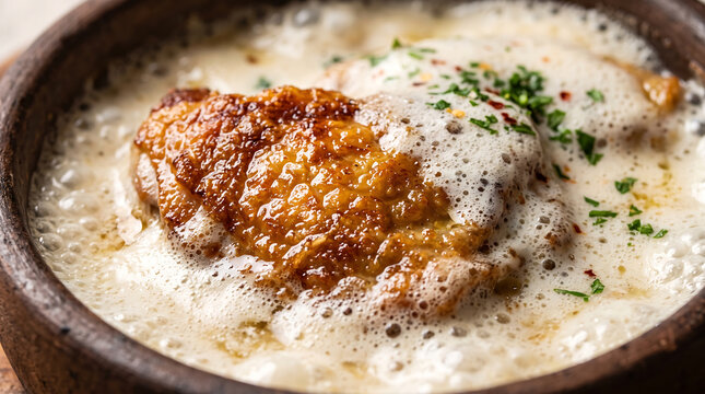 Crispy Georgian Shkmeruli Garlic Chicken Simmering in Creamy Milk Sauce in Clay Ketsi Close-Up