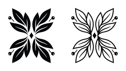 Obraz premium Elegant Floral Ornament: A set of two symmetrical floral ornaments, one solid black and the other outlined in black, featuring leaves and berries arranged in a decorative pattern.
