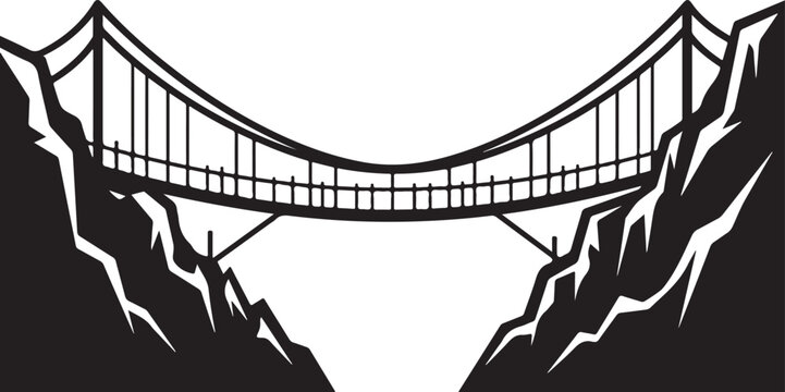 Suspension bridge vector illustration, rope bridge over mountain canyon, black and white landscape icon for outdoor adventure